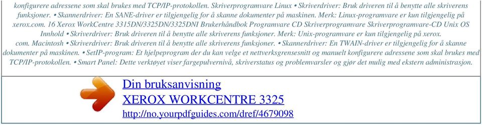 16 Xerox WorkCentre 3315DN/3325DN/3325DNI Brukerhåndbok Programvare CD Skriverprogramvare Skriverprogramvare-CD Unix OS Innhold Skriverdriver: Bruk driveren til å benytte alle skriverens funksjoner.