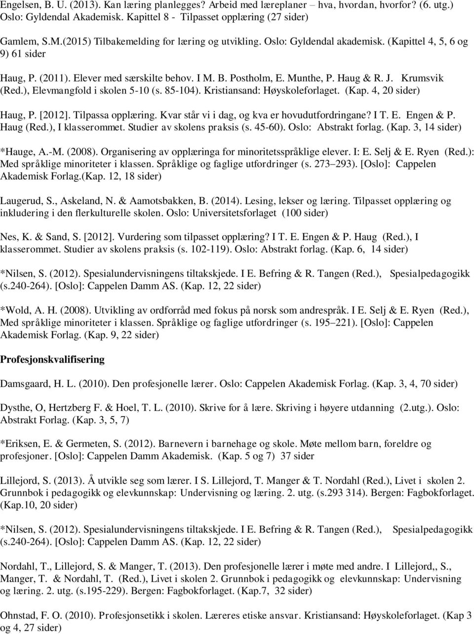 Krumsvik (Red.), Elevmangfold i skolen 5-10 (s. 85-104). Kristiansand: Høyskoleforlaget. (Kap. 4, 20 sider) Haug, P. [2012]. Tilpassa opplæring. Kvar står vi i dag, og kva er hovudutfordringane? I T.