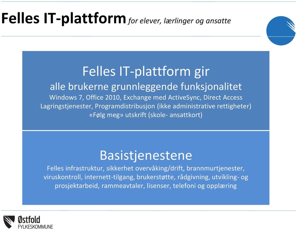 «Følg meg» utskrift (skole- ansattkort) Basistjenestene Felles infrastruktur, sikkerhet overvåking/drift, brannmurtjenester,