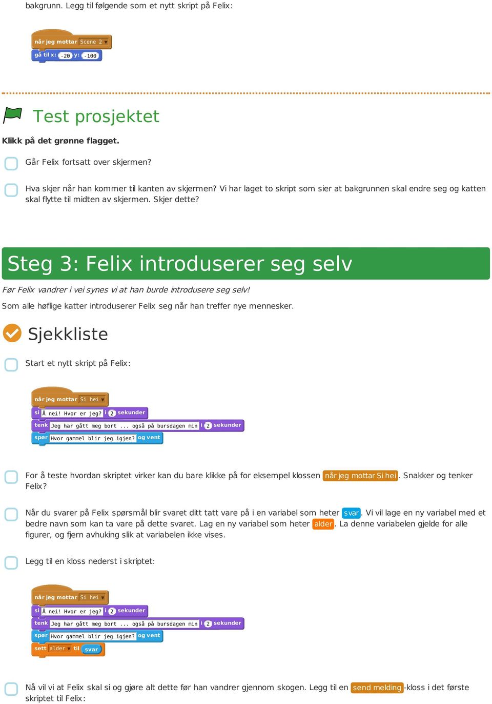 Steg 3: Felix introduserer seg selv Før Felix vandrer i vei synes vi at han burde introdusere seg selv! Som alle høflige katter introduserer Felix seg han treffer nye mennesker.