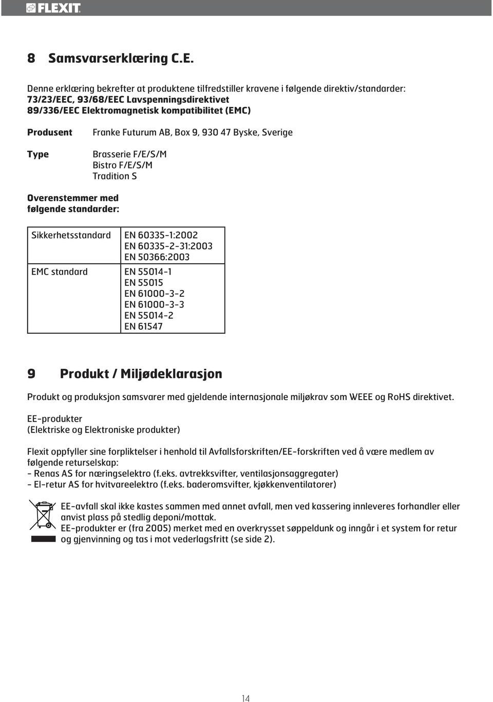 Type Franke Futurum AB, Box 9, 930 47 Byske, Sverige Brasserie F/E/S/M Bistro F/E/S/M Tradition S Overenstemmer med følgende standarder: Sikkerhetsstandard EN 60335-1:00 EN 60335--31:003 EN 50366:003