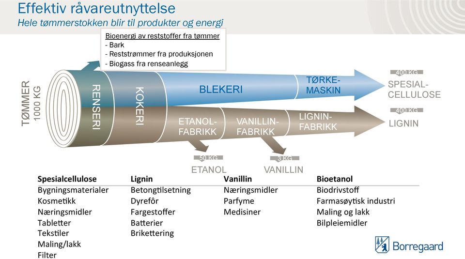 Teks/ler Maling/lakk Filter TØRKEMASKIN BLEKERI VANILLINFABRIKK LIGNINFABRIKK 400 KG SPESIALCELLULOSE 400 KG LIGNIN 3 KG ETANOL VANILLIN Lignin