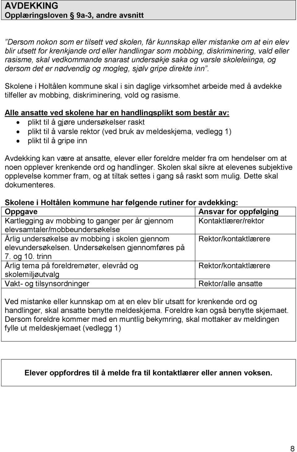 Skolene i Holtålen kommune skal i sin daglige virksomhet arbeide med å avdekke tilfeller av mobbing, diskriminering, vold og rasisme.