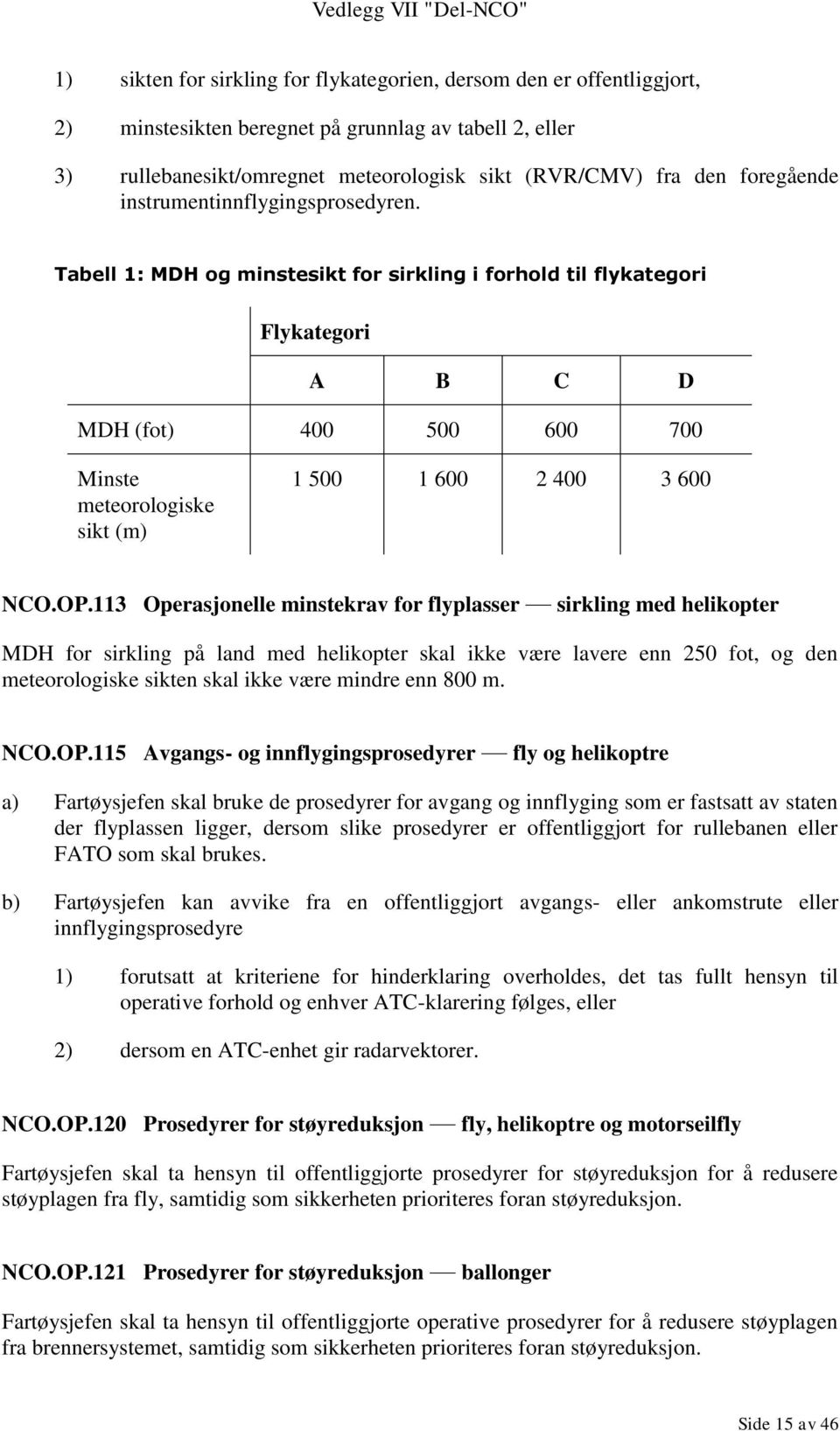 Tabell 1: MDH og minstesikt for sirkling i forhold til flykategori Flykategori A B C D MDH (fot) 400 500 600 700 Minste meteorologiske sikt (m) 1 500 1 600 2 400 3 600 NCO.OP.