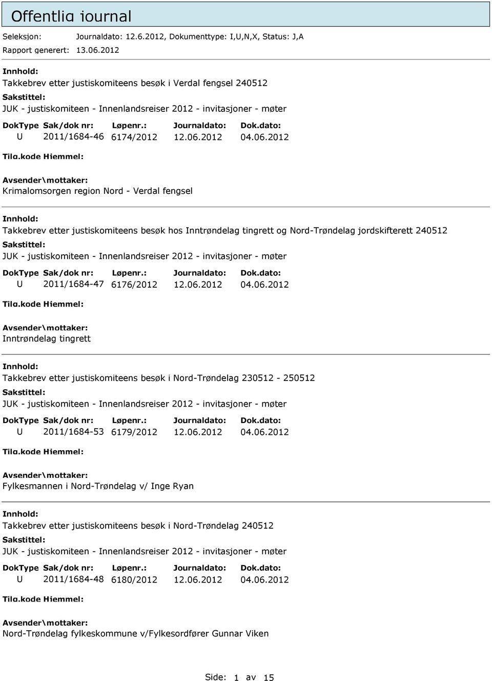 2012 Krimalomsorgen region Nord - Verdal fengsel Takkebrev etter justiskomiteens besøk hos nntrøndelag tingrett og Nord-Trøndelag jordskifterett 240512 JK - justiskomiteen - nnenlandsreiser 2012 -