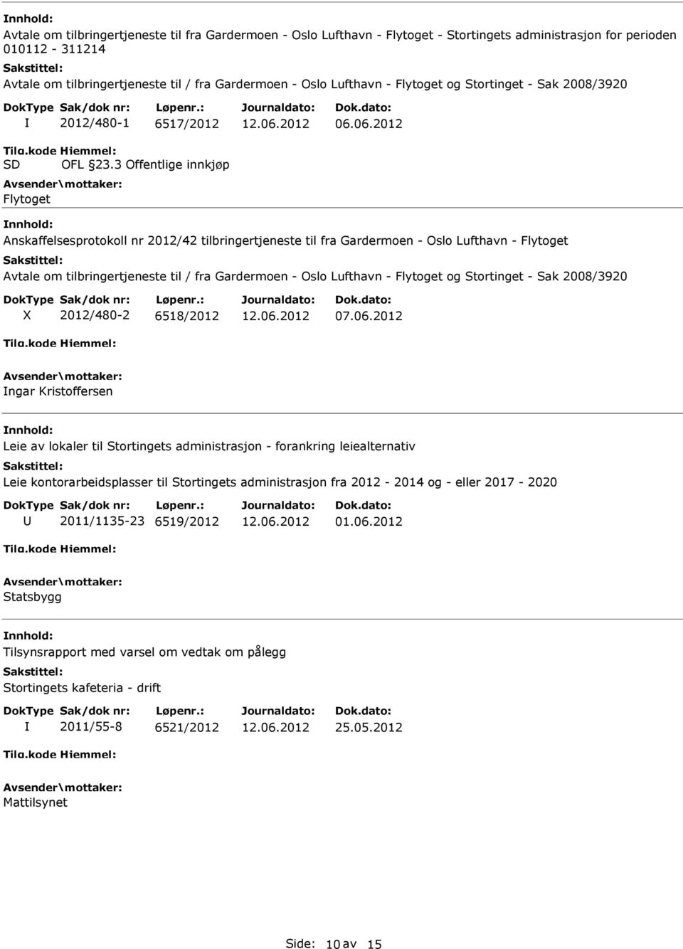 06.2012 Anskaffelsesprotokoll nr 2012/42 tilbringertjeneste til fra Gardermoen - Oslo Lufthavn - Flytoget Avtale om tilbringertjeneste til / fra Gardermoen - Oslo Lufthavn - Flytoget og Stortinget -