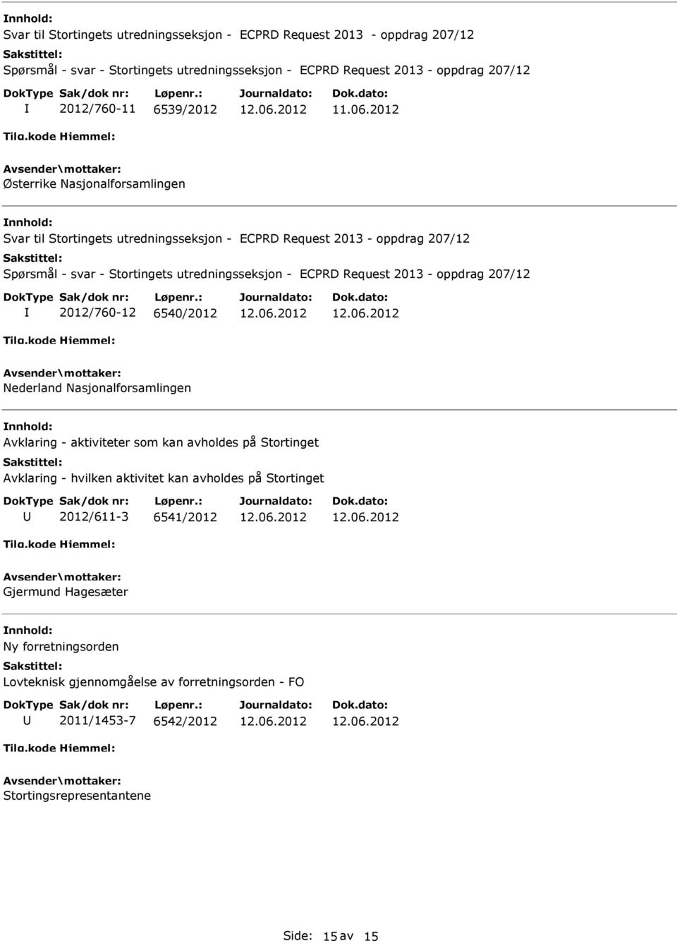 Request 2013 - oppdrag 207/12 2012/760-12 6540/2012 Nederland Nasjonalforsamlingen Avklaring - aktiviteter som kan avholdes på Stortinget Avklaring - hvilken aktivitet kan