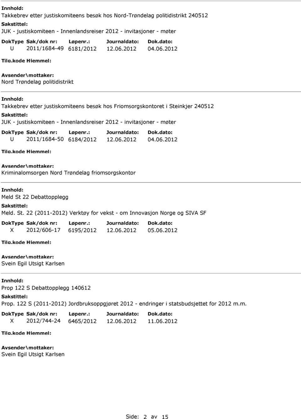 6184/2012 04.06.2012 Kriminalomsorgen Nord Trøndelag friomsorgskontor Meld St 22 Debattopplegg Meld. St. 22 (2011-2012) Verktøy for vekst - om nnovasjon Norge og SVA SF 2012/606-17 6195/2012 05.