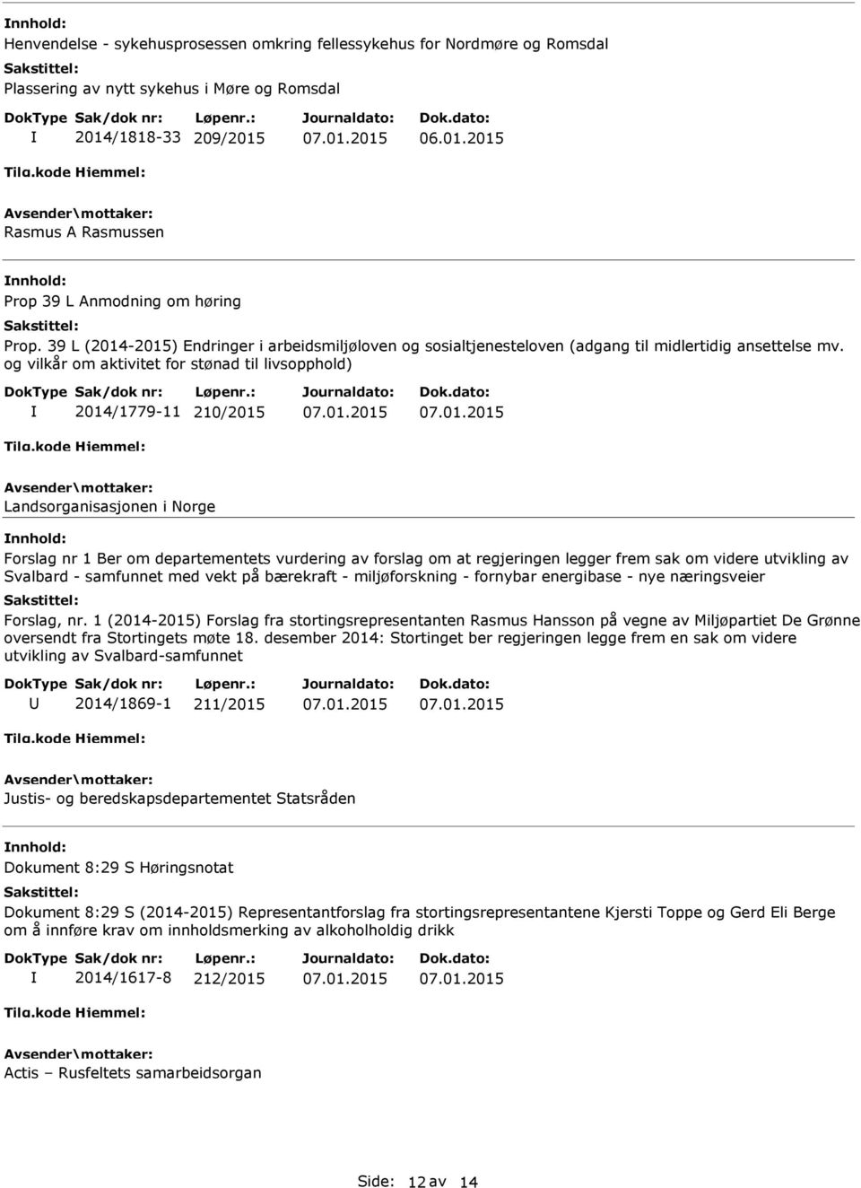 og vilkår om aktivitet for stønad til livsopphold) 2014/1779-11 210/2015 Landsorganisasjonen i Norge Forslag nr 1 Ber om departementets vurdering av forslag om at regjeringen legger frem sak om