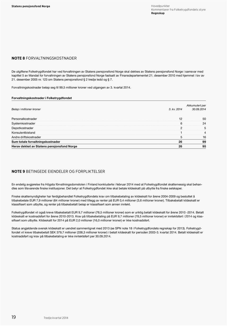 Forvaltningskostnader beløp seg til 99,5 millioner kroner ved utgangen av 3. kvartal 2014. Forvaltningskostnader i Folketrygdfondet Akkumulert per Beløp i millioner kroner 3. kv. 2014 30.09.