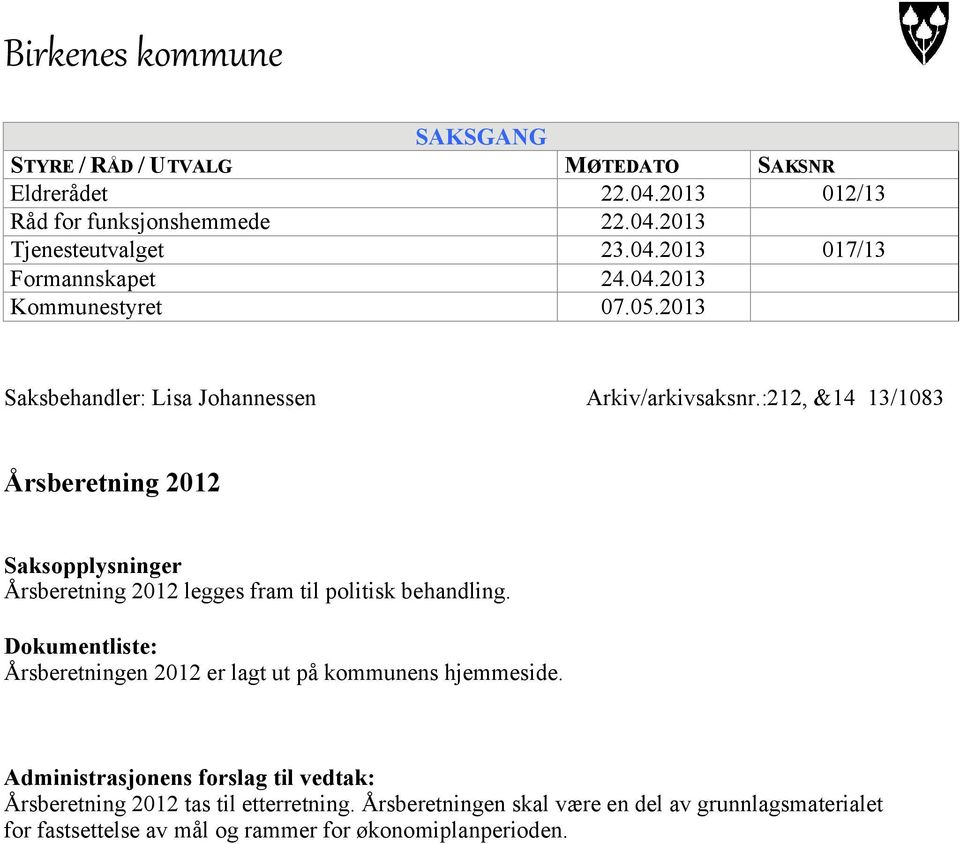 :212, &14 13/1083 Årsberetning 2012 Saksopplysninger Årsberetning 2012 legges fram til politisk behandling.
