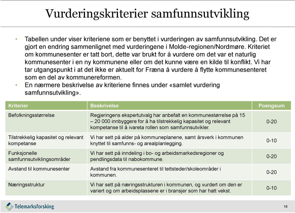 Kriteriet om kommunesenter er tatt bort, dette var brukt for å vurdere om det var et naturlig kommunesenter i en ny kommunene eller om det kunne være en kilde til konflikt.