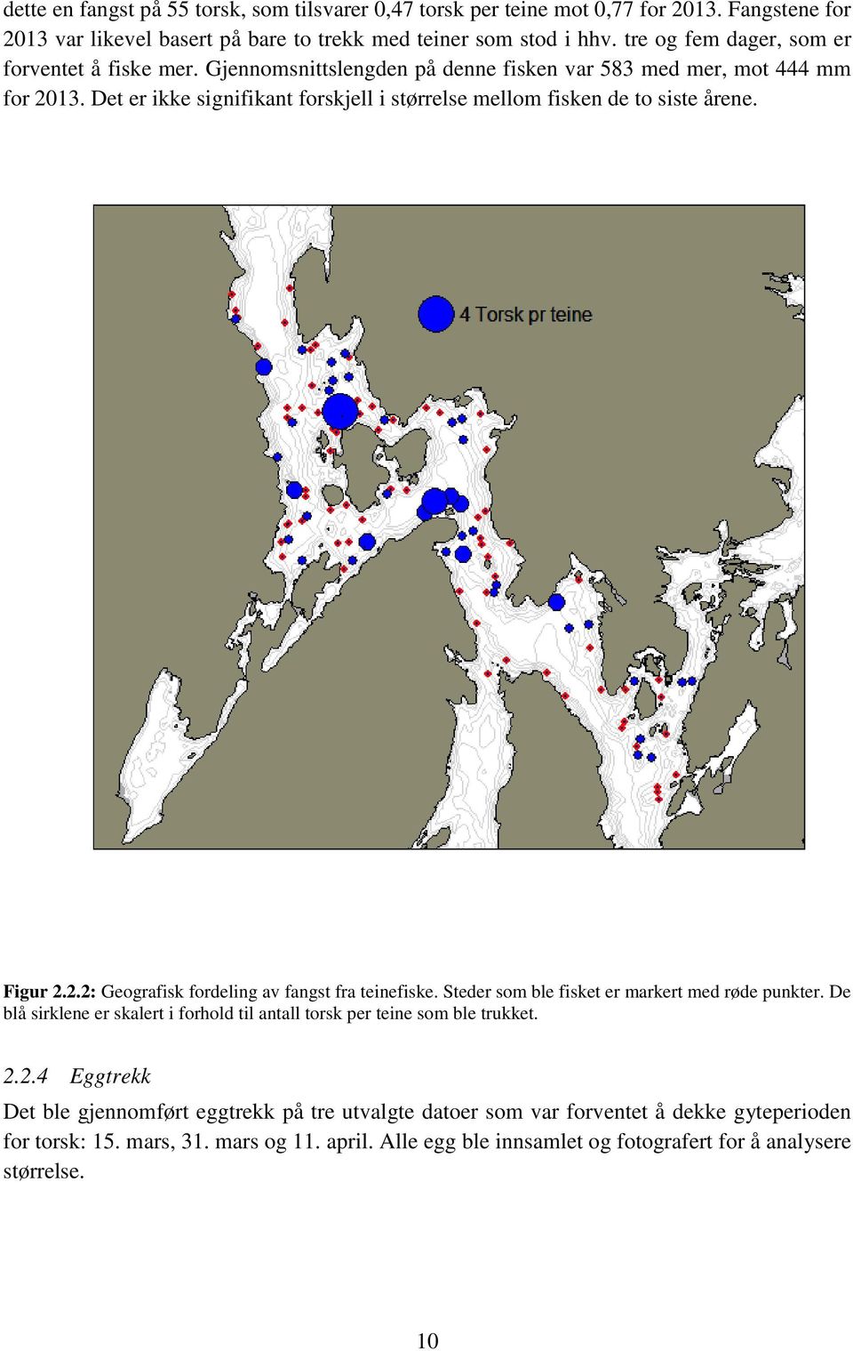 Det er ikke signifikant forskjell i størrelse mellom fisken de to siste årene. Figur 2.2.2: Geografisk fordeling av fangst fra teinefiske. Steder som ble fisket er markert med røde punkter.