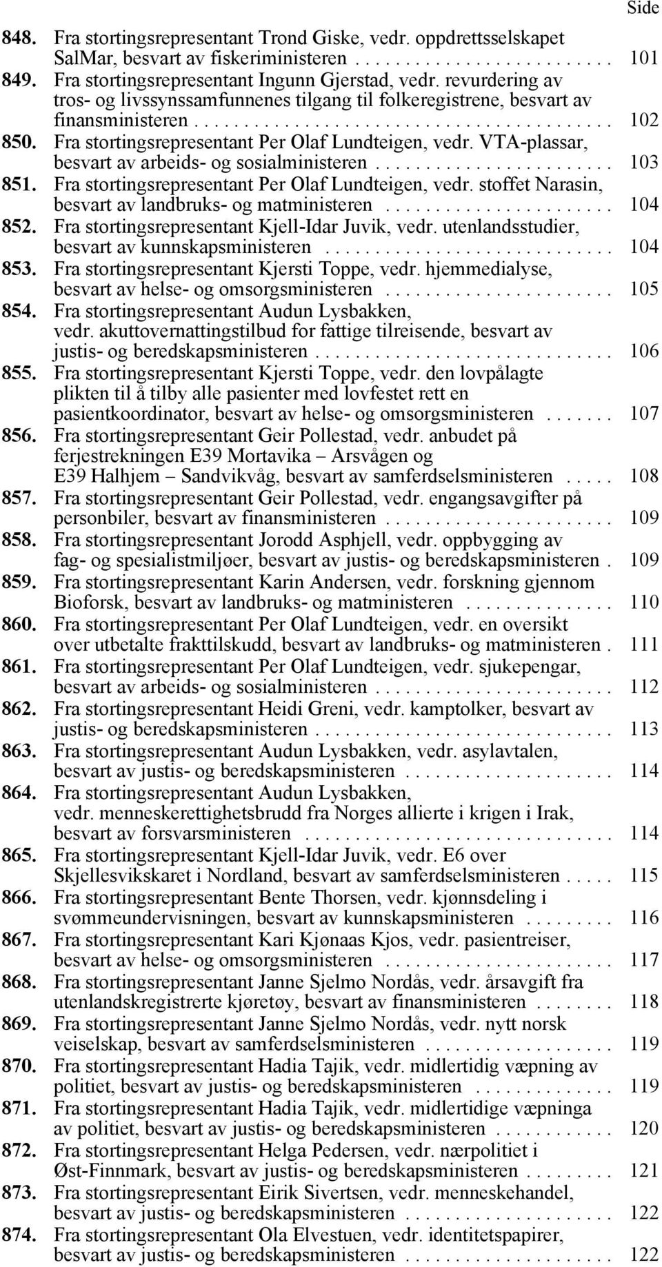 Fra stortingsrepresentant Per Olaf Lundteigen, vedr. VTA-plassar, besvart av arbeids- og sosialministeren........................ 103 851. Fra stortingsrepresentant Per Olaf Lundteigen, vedr.