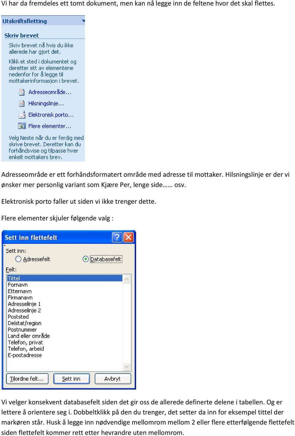 Flere elementer skjuler følgende valg : Vi velger konsekvent databasefelt siden det gir oss de allerede definerte delene i tabellen. Og er lettere å orientere seg i.