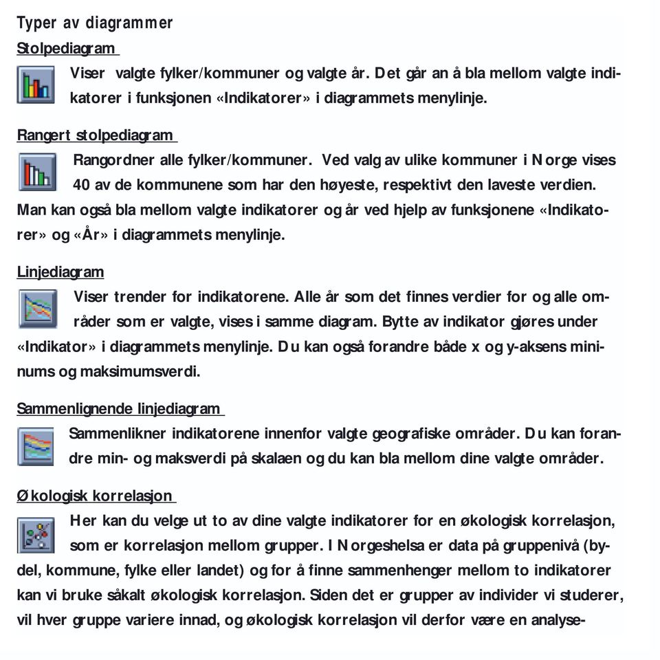 Man kan også bla mellom valgte indikatorer og år ved hjelp av funksjonene «Indikatorer» og «År» i diagrammets menylinje. Linjediagram Viser trender for indikatorene.