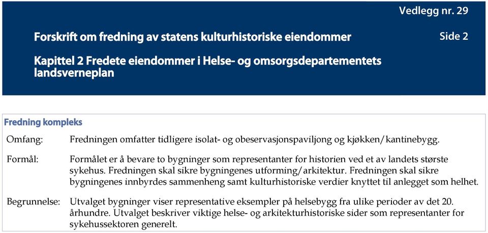 Fredningen skal sikre bygningenes innbyrdes sammenheng samt kulturhistoriske verdier knyttet til anlegget som helhet.