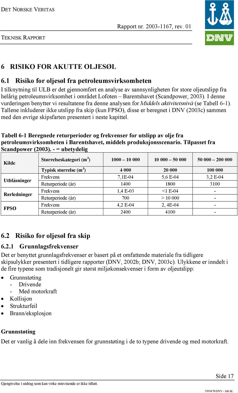 Barentshavet (Scandpower, 2003). I denne vurderingen benytter vi resultatene fra denne analysen for Middels aktivitetsnivå (se Tabell 6-1).