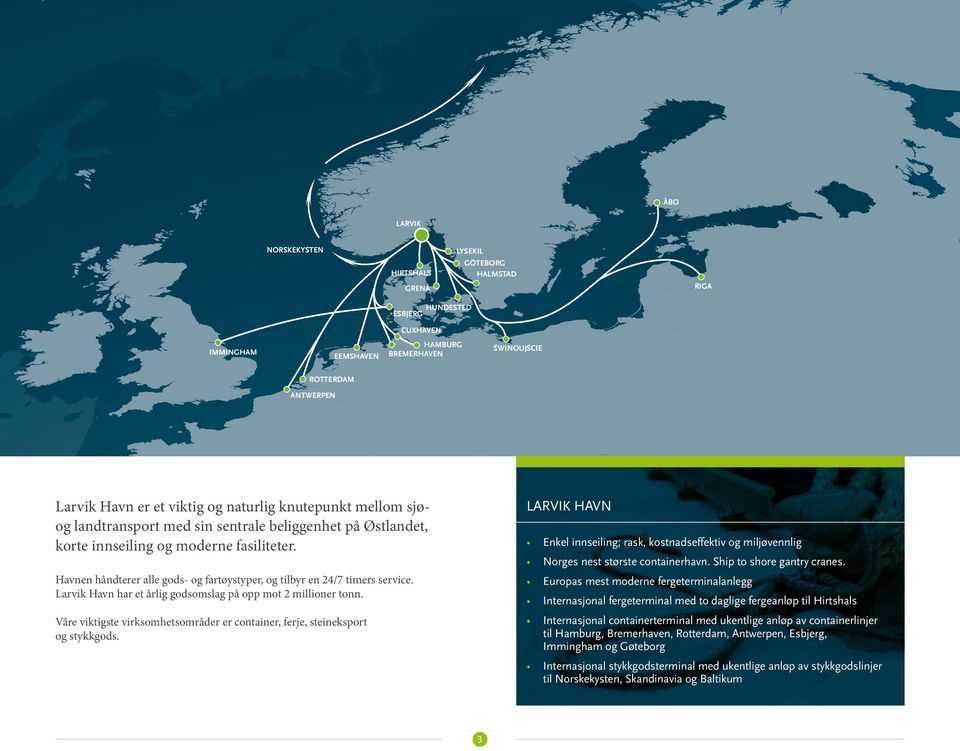 Havnen håndterer alle gods- og fartøystyper, og tilbyr en 24/7 timers service. Larvik Havn har et årlig godsomslag på opp mot 2 millioner tonn.