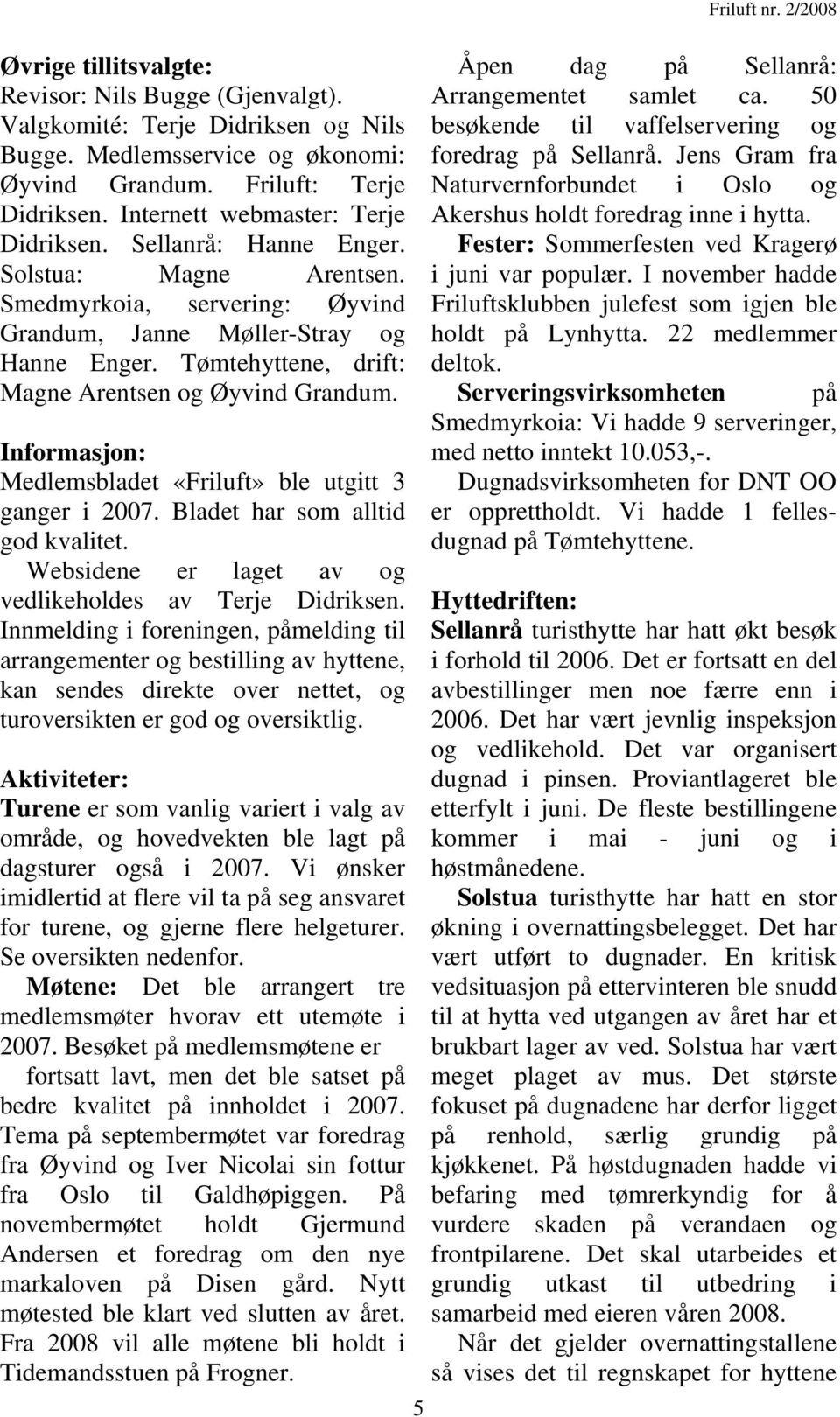 Tømtehyttene, drift: Magne Arentsen og Øyvind Grandum. Informasjon: Medlemsbladet «Friluft» ble utgitt 3 ganger i 2007. Bladet har som alltid god kvalitet.