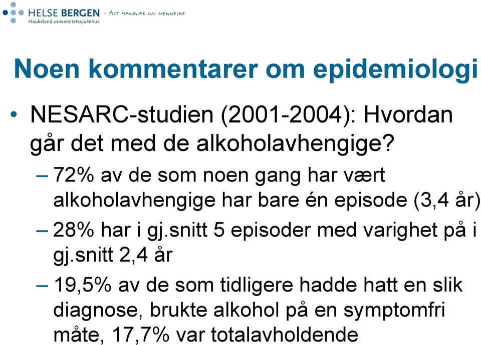 72% av de som noen gang har vært alkoholavhengige har bare én episode (3,4 år) 28% har i