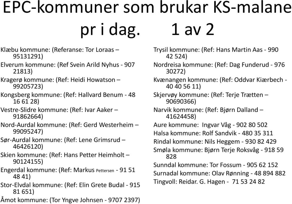 48 16 61 28) Vestre-Slidre kommune: (Ref: Ivar Aaker 91862664) Nord-Aurdal kommune: (Ref: Gerd Westerheim 99095247) Sør-Aurdal kommune: (Ref: Lene Grimsrud 46426120) Skien kommune: (Ref: Hans Petter