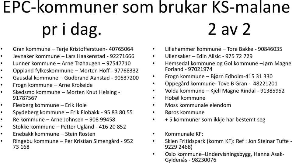 Gudbrand Aanstad - 90537200 Frogn kommune Arne Krokeide Skedsmo kommune Morten Knut Helsing - 91787567 Flesberg kommune Erik Hole Spydeberg kommune Erik Flobakk - 95 83 80 55 Re kommune Arne Johnsen