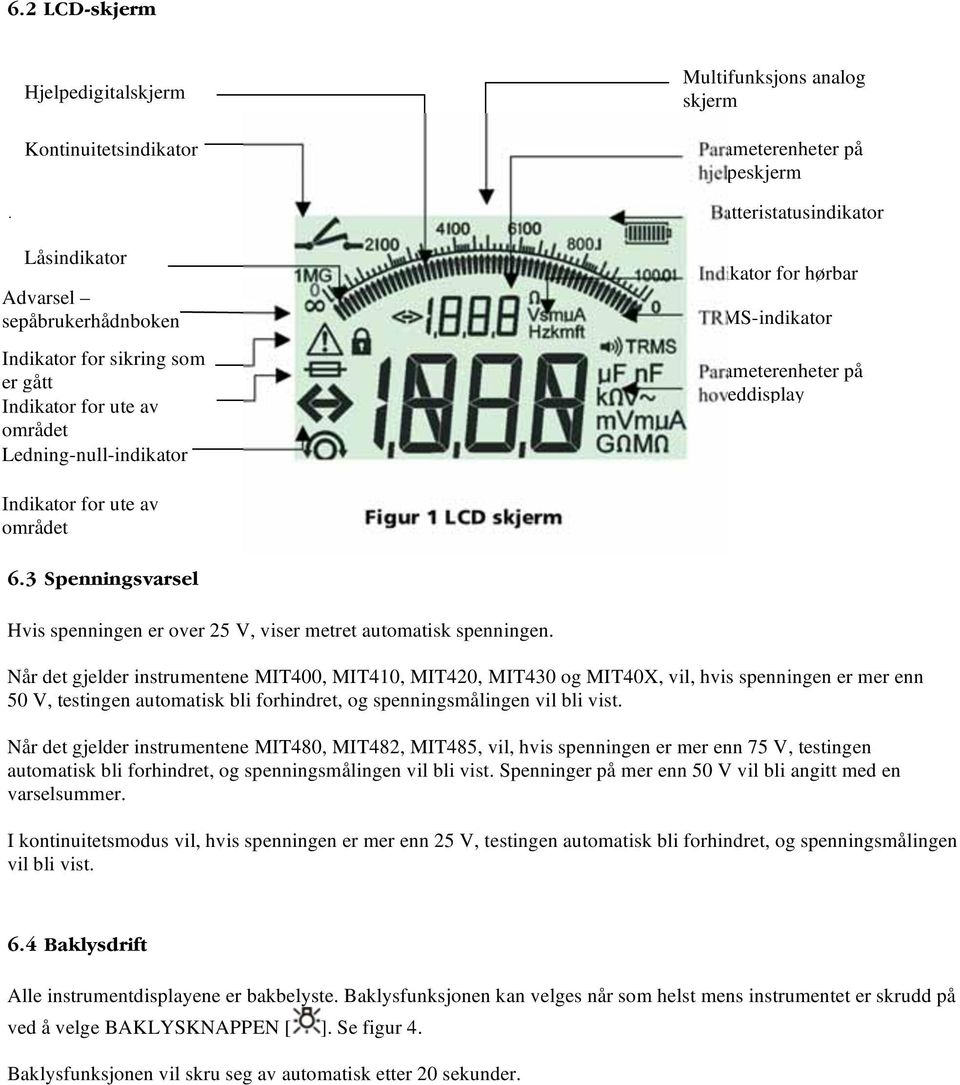 3 Spenningsvarsel Hvis spenningen er over 25 V, viser metret automatisk spenningen.