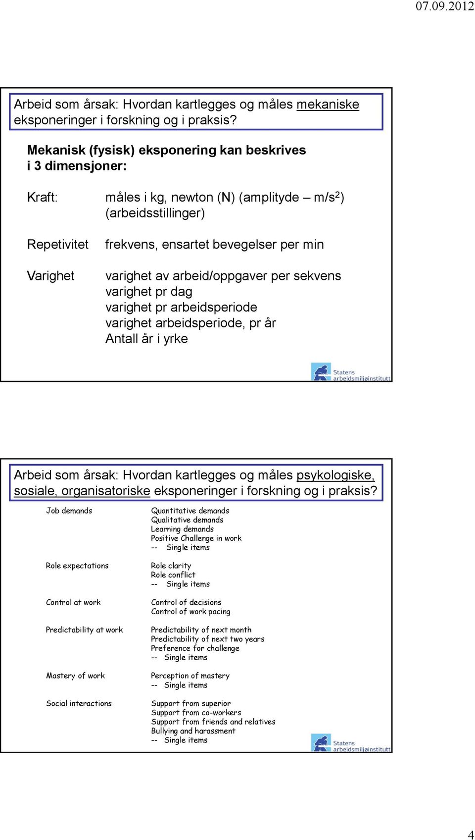 av arbeid/oppgaver per sekvens varighet pr dag varighet pr arbeidsperiode varighet arbeidsperiode, pr år Antall år i yrke Arbeid som årsak: Hvordan kartlegges og måles psykologiske, sosiale,