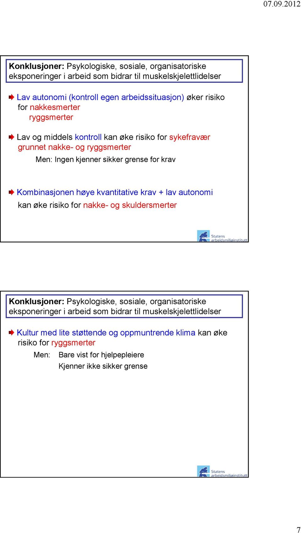 Kombinasjonen høye kvantitative krav + lav autonomi kan øke risiko for nakke- og skuldersmerter Konklusjoner: Psykologiske, sosiale, organisatoriske eksponeringer i