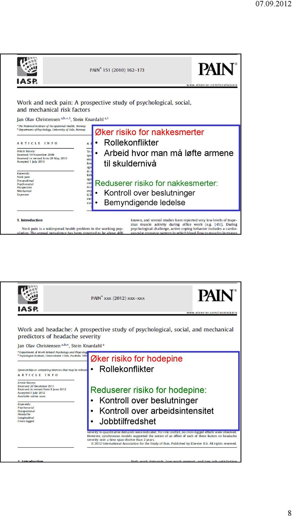 Bemyndigende ledelse Øker risiko for hodepine Rollekonflikter Reduserer risiko