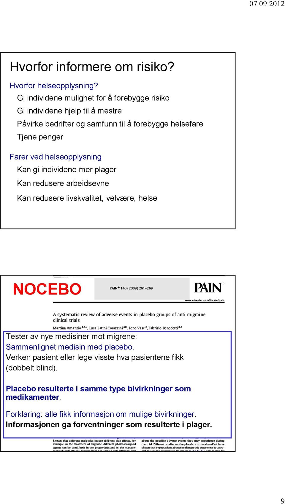 helseopplysning Kan gi individene mer plager Kan redusere arbeidsevne Kan redusere livskvalitet, velvære, helse NOCEBO Tester av nye medisiner mot migrene: