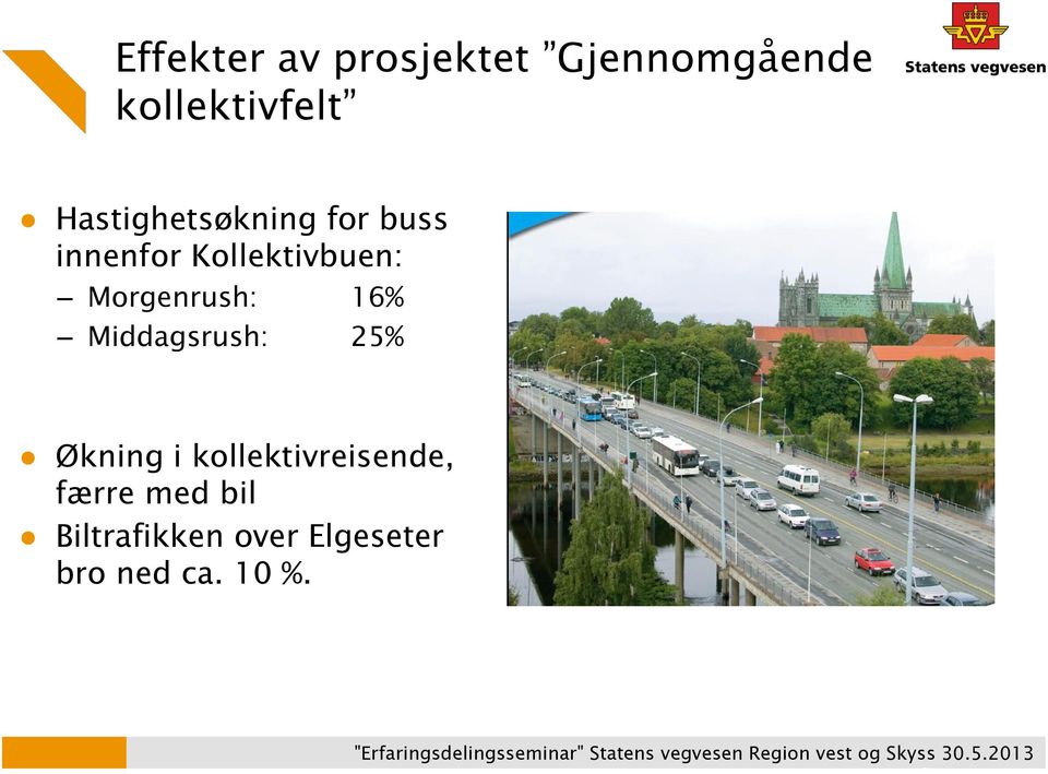 kollektivreisende, færre med bil Biltrafikken over Elgeseter bro ned ca. 10 %.