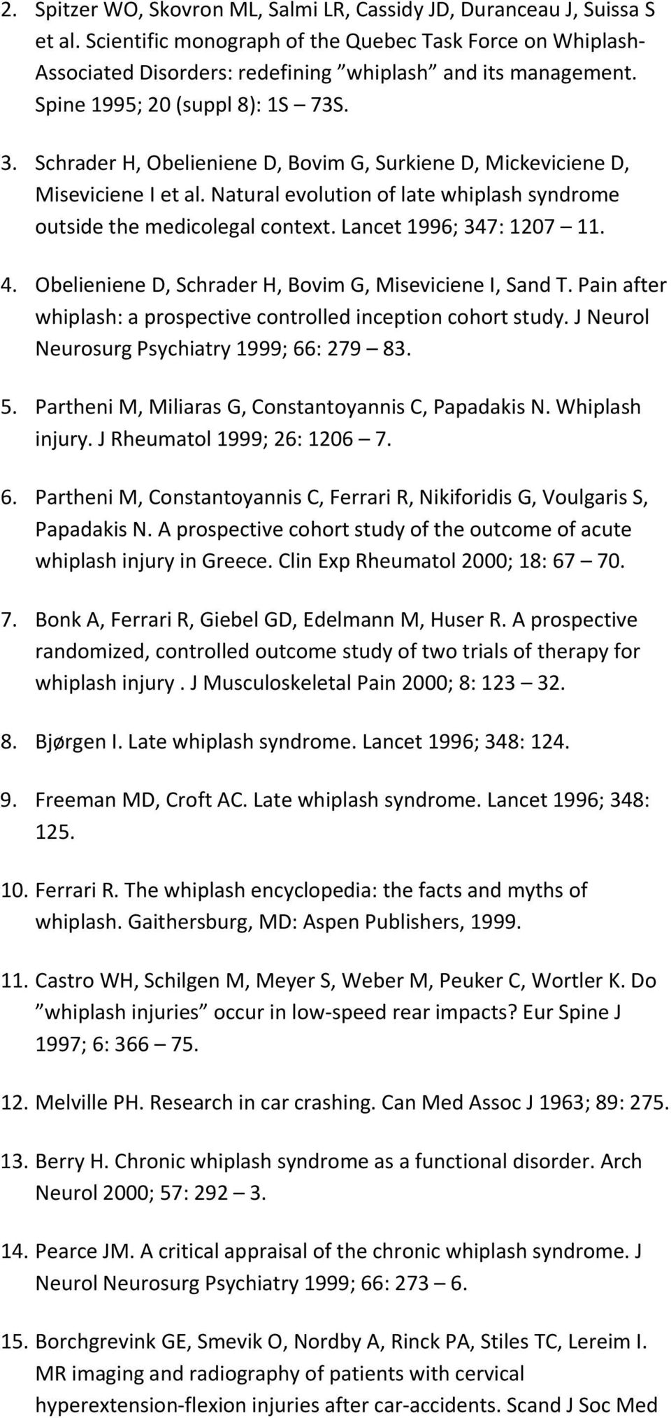 Lancet 1996; 347: 1207 11. 4. Obelieniene D, Schrader H, Bovim G, Miseviciene I, Sand T. Pain after whiplash: a prospective controlled inception cohort study.