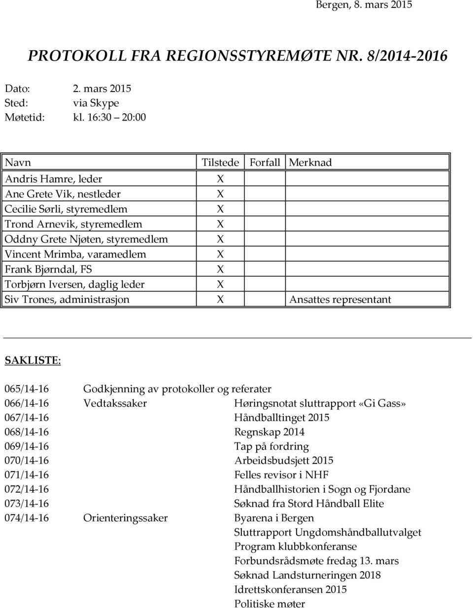 Frank Bjørndal, FS Torbjørn Iversen, daglig leder Siv Trones, administrasjon Ansattes representant SAKLISTE: 065/14-16 Godkjenning av protokoller og referater 066/14-16 Vedtakssaker Høringsnotat