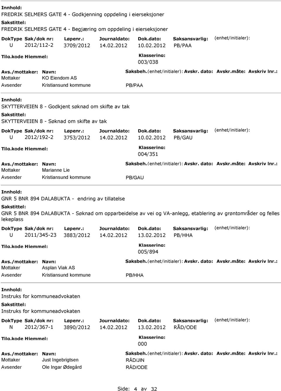 : Mottaker KO Eiendom AS PB/PAA SKYTTERVEEN 8 - Godkjent søknad om skifte av tak SKYTTERVEEN 8 - Søknad om skifte av tak 2012/192-2 3753/2012 10.02.2012 PB/GA 004/351 Avs.