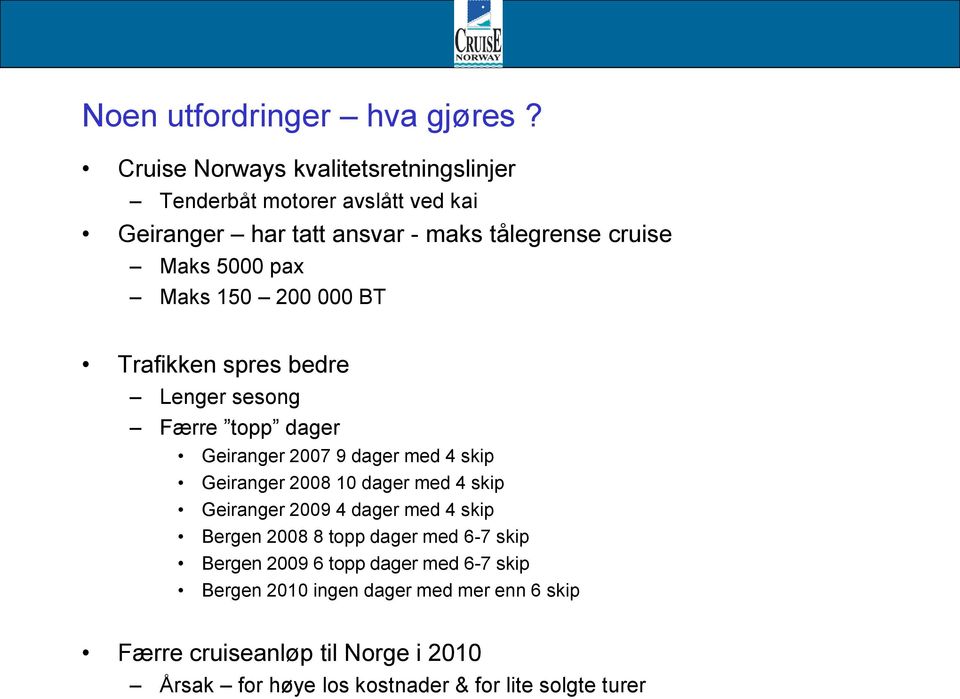 Maks 150 200 000 BT Trafikken spres bedre Lenger sesong Færre topp dager Geiranger 2007 9 dager med 4 skip Geiranger 2008 10 dager med 4