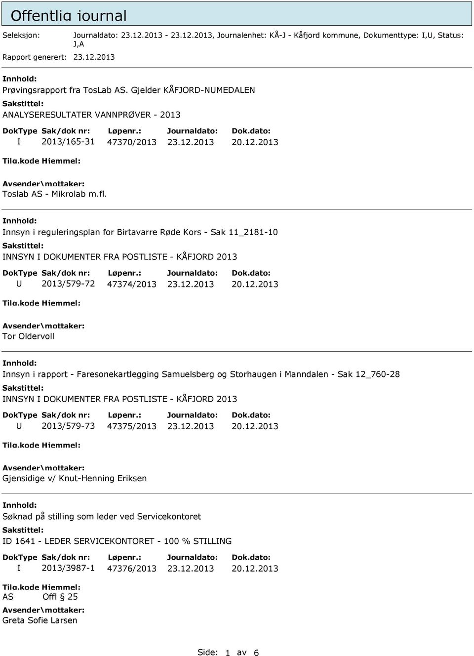 nnhold: nnsyn i reguleringsplan for Birtavarre Røde Kors - Sak 11_2181-10 NNSYN DOKUMENTER FRA POSTLSTE - KÅFJORD 2013 U 2013/579-72 47374/2013 Tor Oldervoll nnhold: nnsyn i rapport -