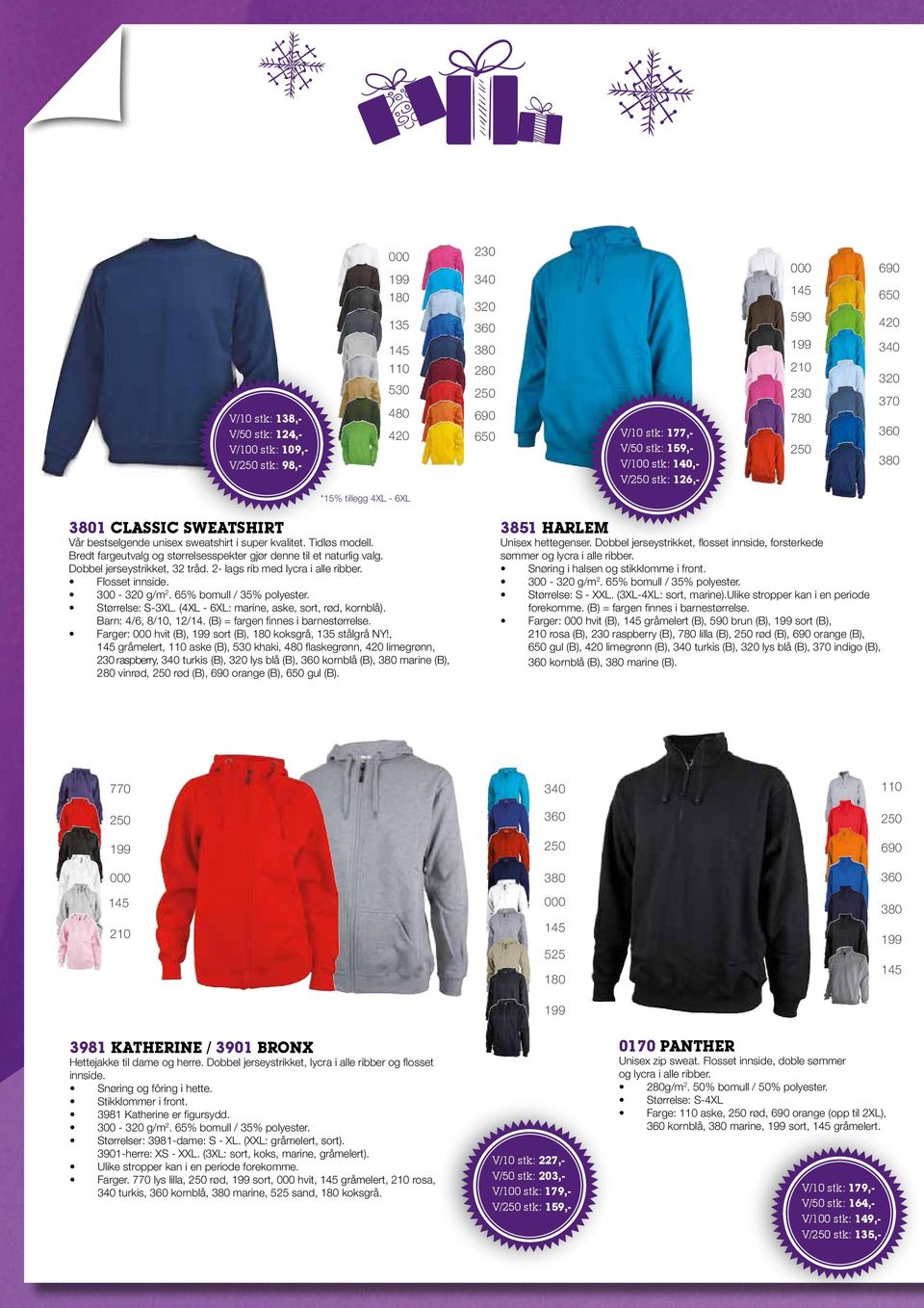 Dobbel jerseystrikket, 32 tråd. 2- lags rib med lycra i alle ribber. Flosset innside. 300-320 g/m2. 65% bomull / 35% polyester. Størrelse: S-3XL. (4XL - 6XL: marine, aske, sort, rød, kornblå).