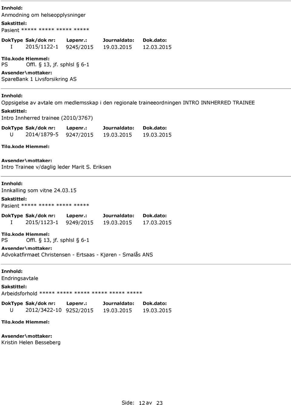 2014/1879-5 9247/2015 ntro Trainee v/daglig leder Marit S. Eriksen nnkalling som vitne 24.03.