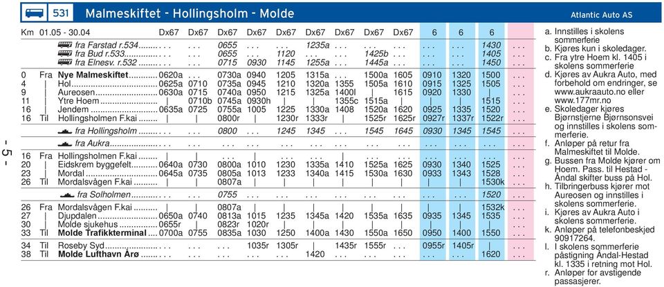 .. 0625a 0710 0735a 0945 1210 1320a 1355 1505a 1610 0915 1325 1505... 9 Aureosen... 0630a 0715 0740a 0950 1215 1325a 1400l 1615 0920 1330... 11 Ytre Hoem... 0710b 0745a 0930h 1355c 1515a 1515.