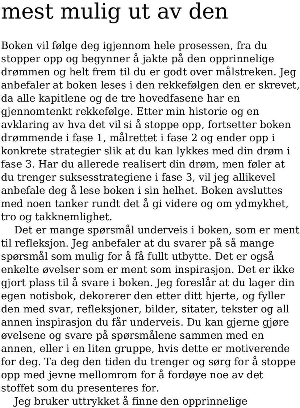 Etter min historie og en avklaring av hva det vil si å stoppe opp, fortsetter boken drømmende i fase 1, målrettet i fase 2 og ender opp i konkrete strategier slik at du kan lykkes med din drøm i fase