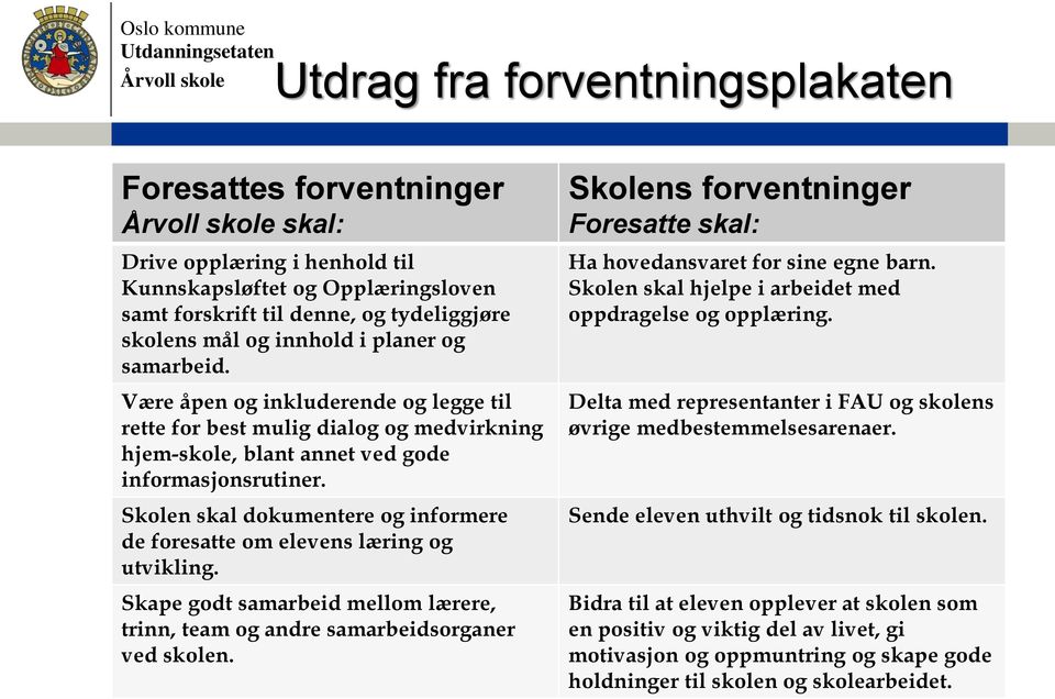 Skolen skal dokumentere og informere de foresatte om elevens læring og utvikling. Skape godt samarbeid mellom lærere, trinn, team og andre samarbeidsorganer ved skolen.