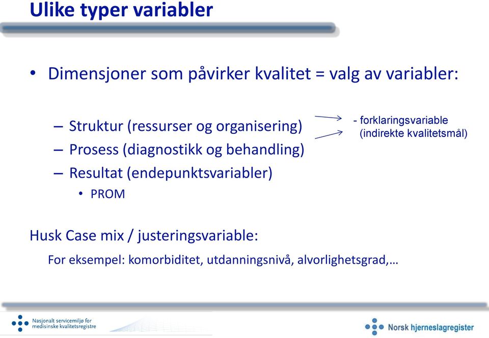 (endepunktsvariabler) PROM - forklaringsvariable (indirekte kvalitetsmål) Husk