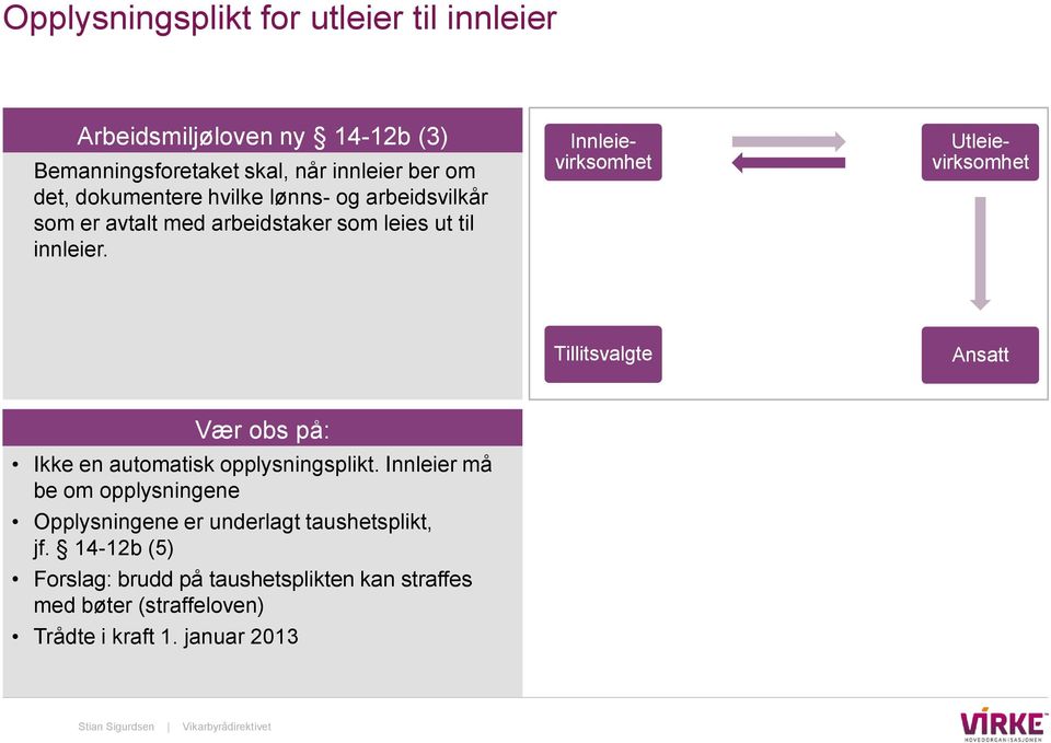 Innleievirksomhet Tillitsvalgte Vær obs på: Ikke en automatisk opplysningsplikt.