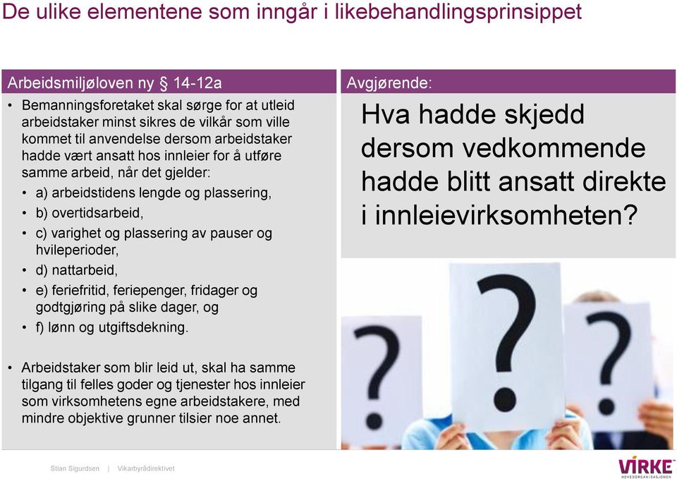 hvileperioder, d) nattarbeid, e) feriefritid, feriepenger, fridager og godtgjøring på slike dager, og f) lønn og utgiftsdekning.