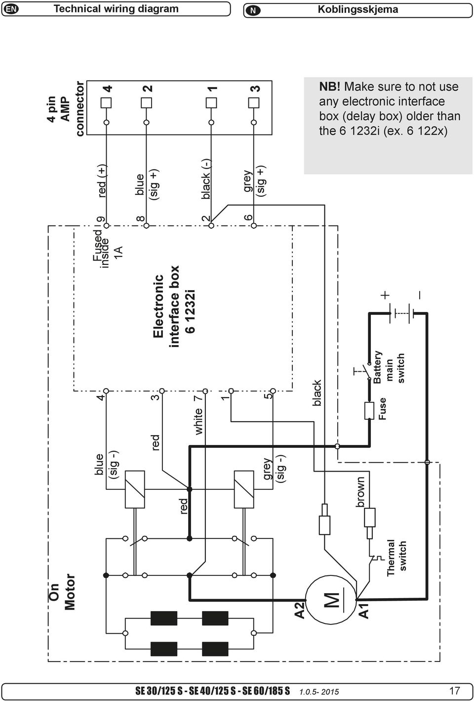 8 black (-) 2 grey (sig +) 6 NB! Make sure to not use any electronic interface box (delay box) ol than 6 122i (ex. 6 122x) on SP75Ti, SP95Ti, SP125Ti.