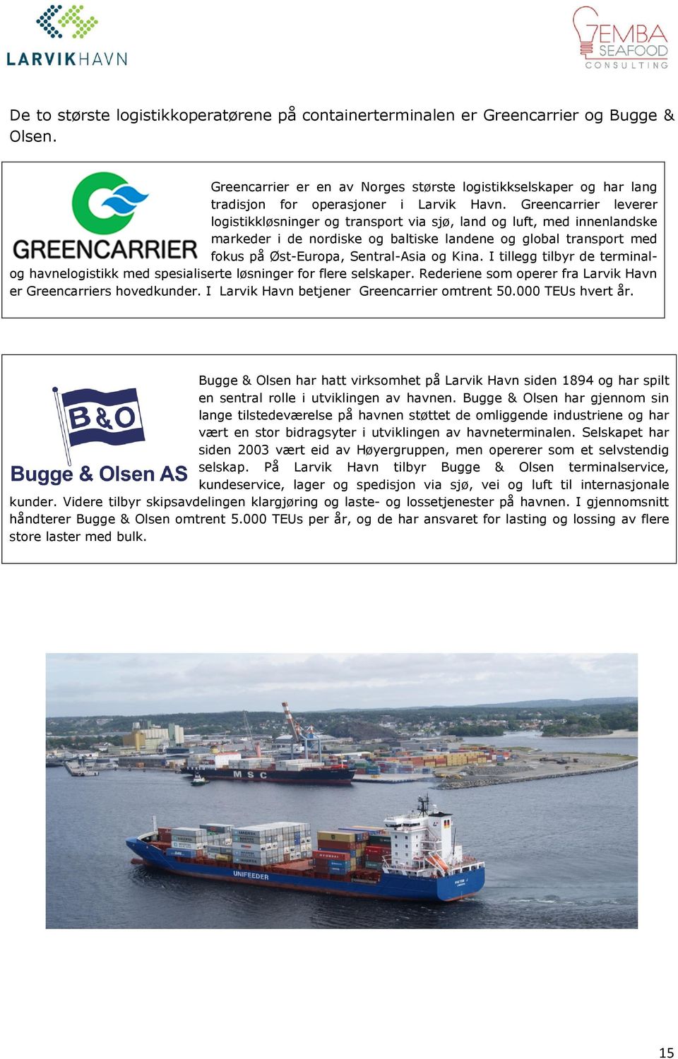 Kina. I tillegg tilbyr de terminalog havnelogistikk med spesialiserte løsninger for flere selskaper. Rederiene som operer fra Larvik Havn er Greencarriers hovedkunder.