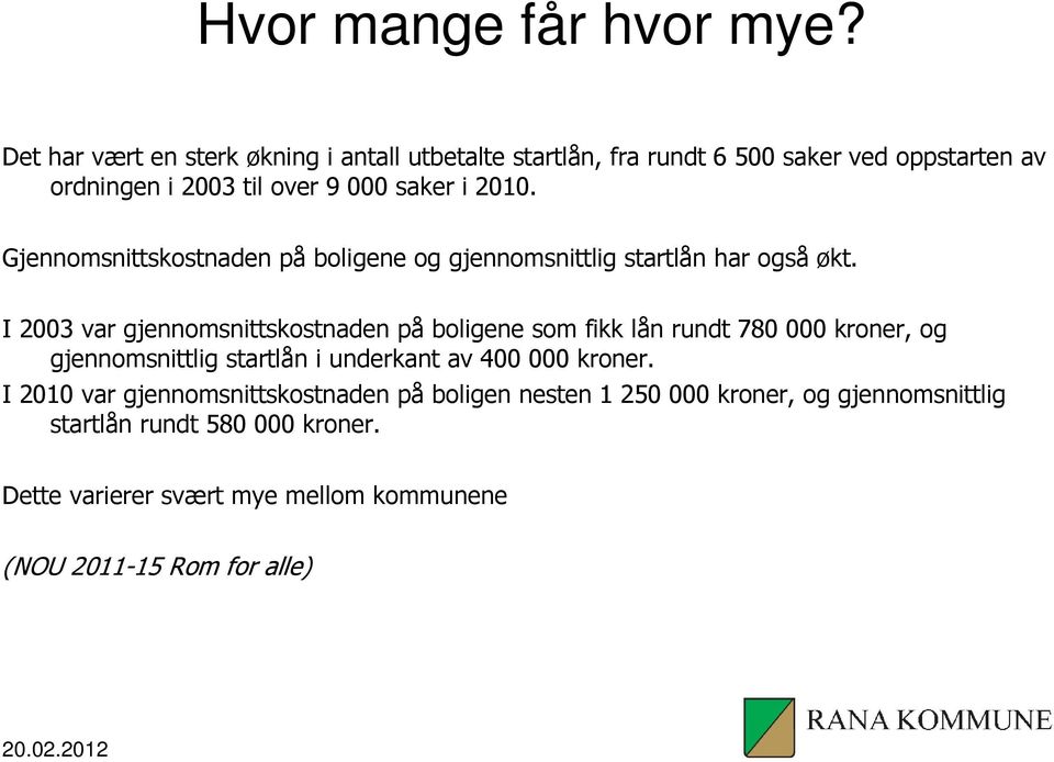 Gjennomsnittskostnaden på boligene og gjennomsnittlig startlån har også økt.