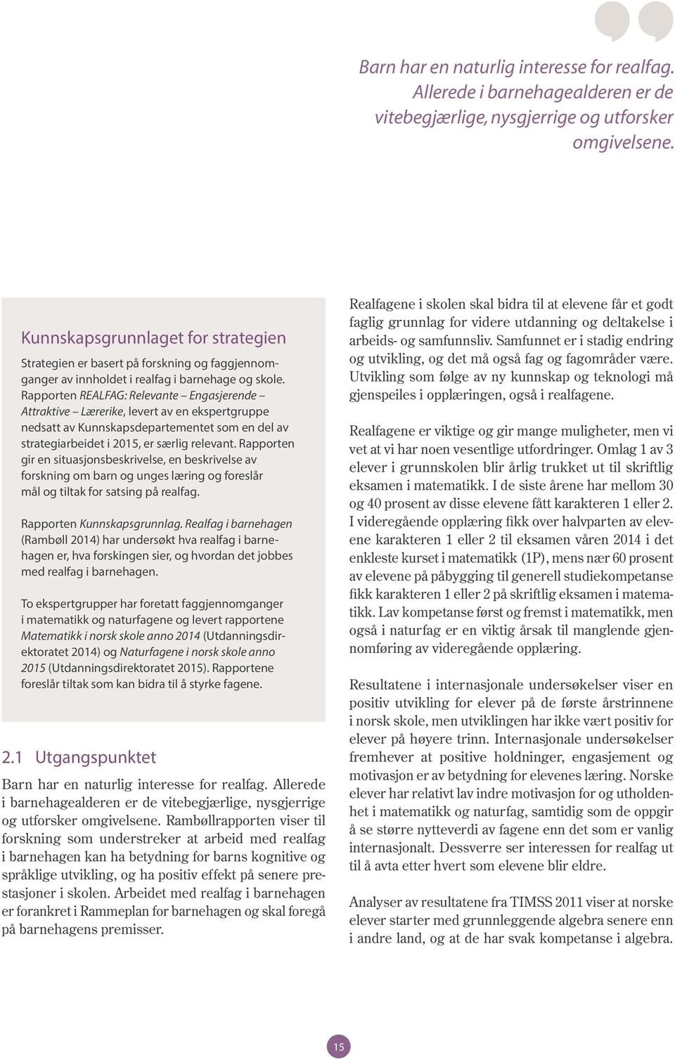 Rapporten REALFAG: Relevante Engasjerende Attraktive Lærerike, levert av en ekspertgruppe nedsatt av Kunnskapsdepartementet som en del av strategiarbeidet i 2015, er særlig relevant.